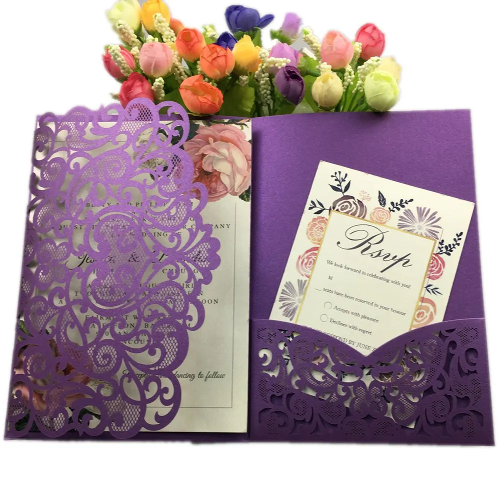 50X белый оставить розовый/бордовый цветок три раза лазерная резка, для свадьбы юбилей пригласительные набор/Поздравительные открытки/RSVP - Цвет: a142 dark purple