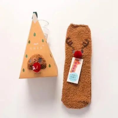 Домашние мягкие носки-тапочки для женщин и девочек пушистые теплые рождественские носки бархатные носки кораллового цвета с героями мультфильмов для принцесс, подарки на день рождения - Цвет: Coffee deer