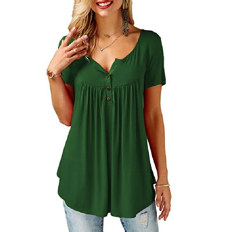 

3XL Plus Size Tops Women's T-shirt 2018 Hot Summer T-shirts Casual Pullovers Pleated Button Loose Short Sleeve T Shirt Black Tee