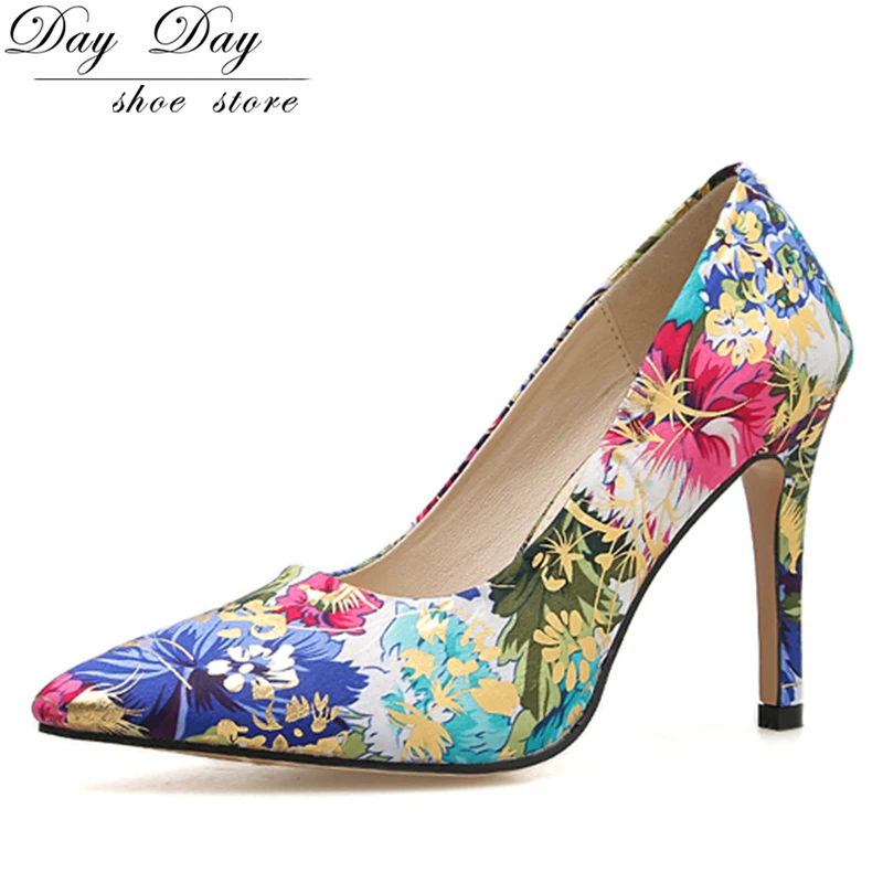 

2019 new style Women's pumps sexy shoe female super high heels mixed color flower party Female pointed toe shallow slip on shoes