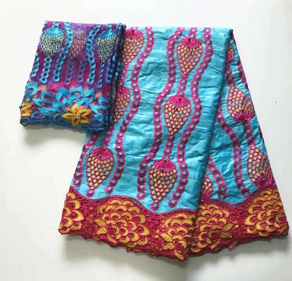 

5 Y/pc New fashion sky blue Bazin lace fabric and fuchsia african water soluble lace match 2Y french net lace for dress GX1-2