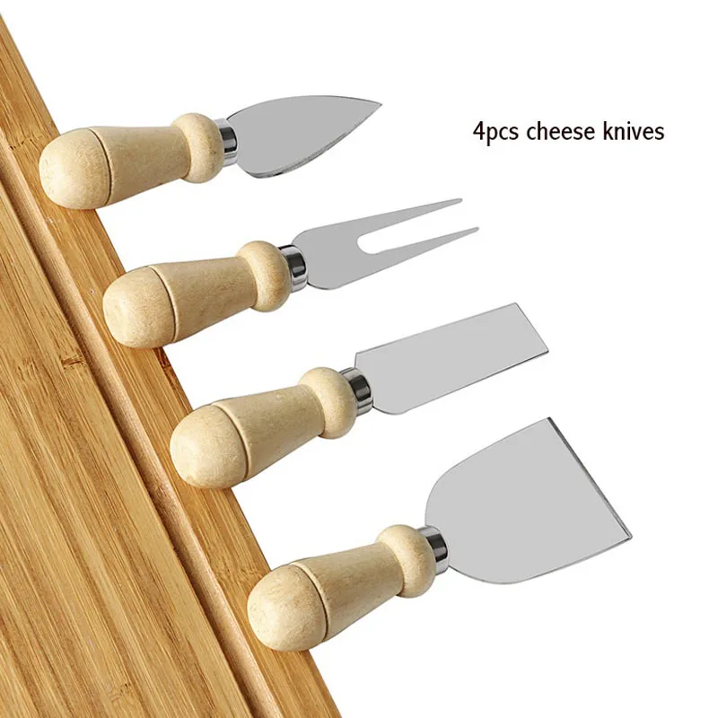 4pcs/set Cheese Knife Set Stainless Steel Cheese Knife Wood Handle