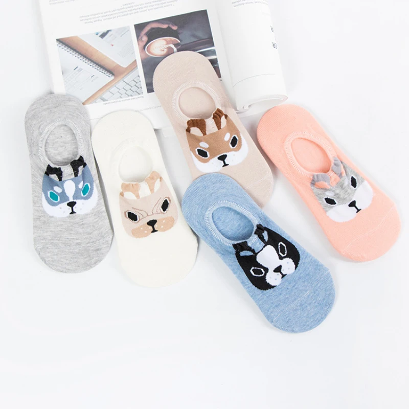 5pairs/lot 3D Women Cartoon Dogs Girls Cute Socks Fashion Animal Cotton Breathable Silicone Sock