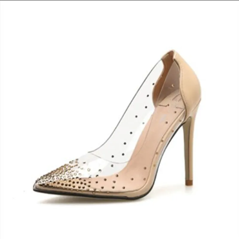New autumn women shoes Pointed Toe Rivet shoes Sexy Gladiator nightclub pumps Plus Size 35-40 Transparent diamondl shoes