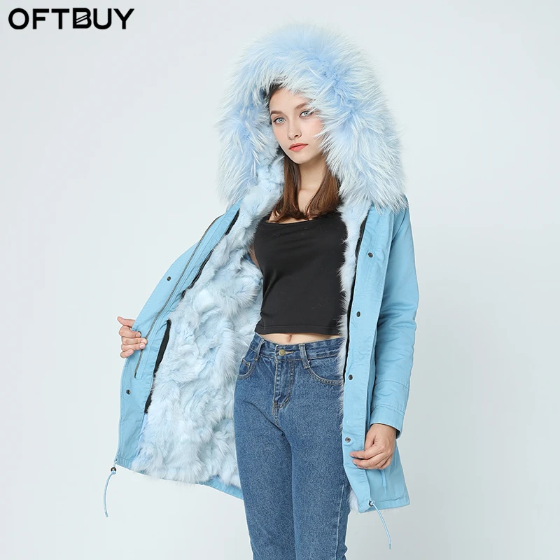 Женская длинная куртка OFTBUY серая парка с капюшоном и воротником из натурального