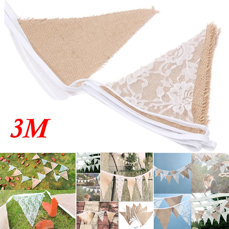 

3 Meters Retro Triangular Flag Burlap Lace Jute Garland Decor Banner Wedding Xmas Decor Hanging Flags Ornaments Fashion