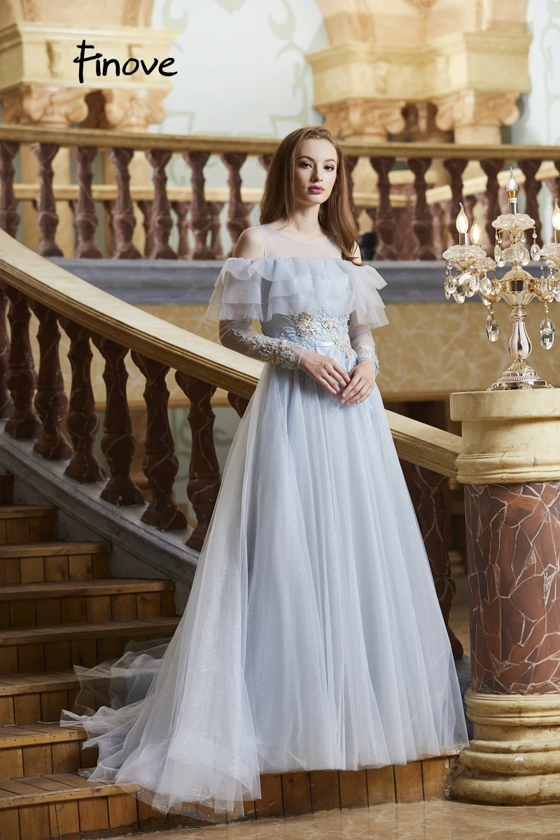 Finove, новинка, платье для выпускного вечера, длинное,, Robe De Soiree, сексуальная иллюзия, полный рукав, о-образный вырез, тюль, аппликация, женские вечерние платья размера плюс