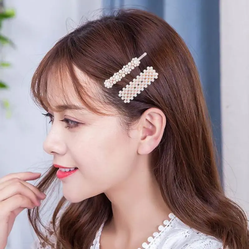 

Korean Style Ladies Metal Alloy Duckbill Clip Imitation Pearl Rhinestone Metallic Rose Gold Hairpin Boutique Geometric Barrettes