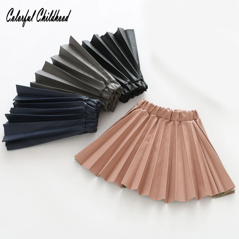 Girls Skirts Fashion PU Faux Leather Elastic Waist Baby Girls pleated