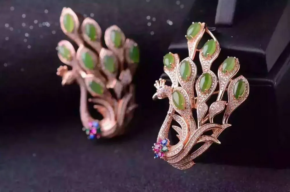  Bohême élégant paon deux utilisations naturel vert jaspe pendentif pierre naturelle pendentif broch