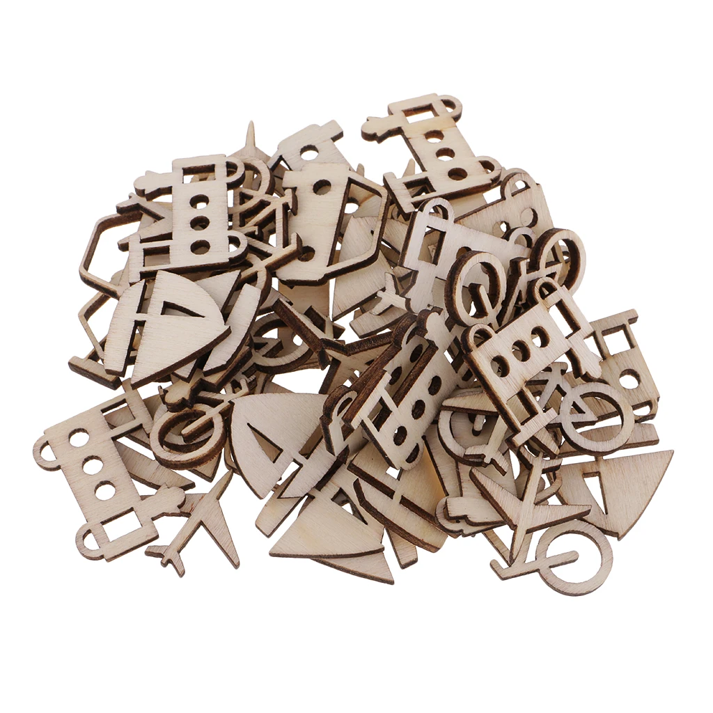 50pcs Unfinished Wood Vehicle Wooden Shapes Cutout Slices Scrapbooking Embellishments for Kids DIY Craft 