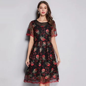 

Summer 2019 Embroidery Mesh Short Large Size Dress Sexy Women O Neck Lace Hollow Out Night Club Body com Party Dresses Wholesale