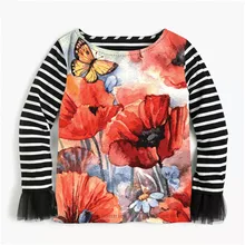 Детская одежда на осень для девочек и блузки сетка в полоску пряжа Длинные рукава свободного кроя для маленьких девочек, детская повседневная одежда, Топ