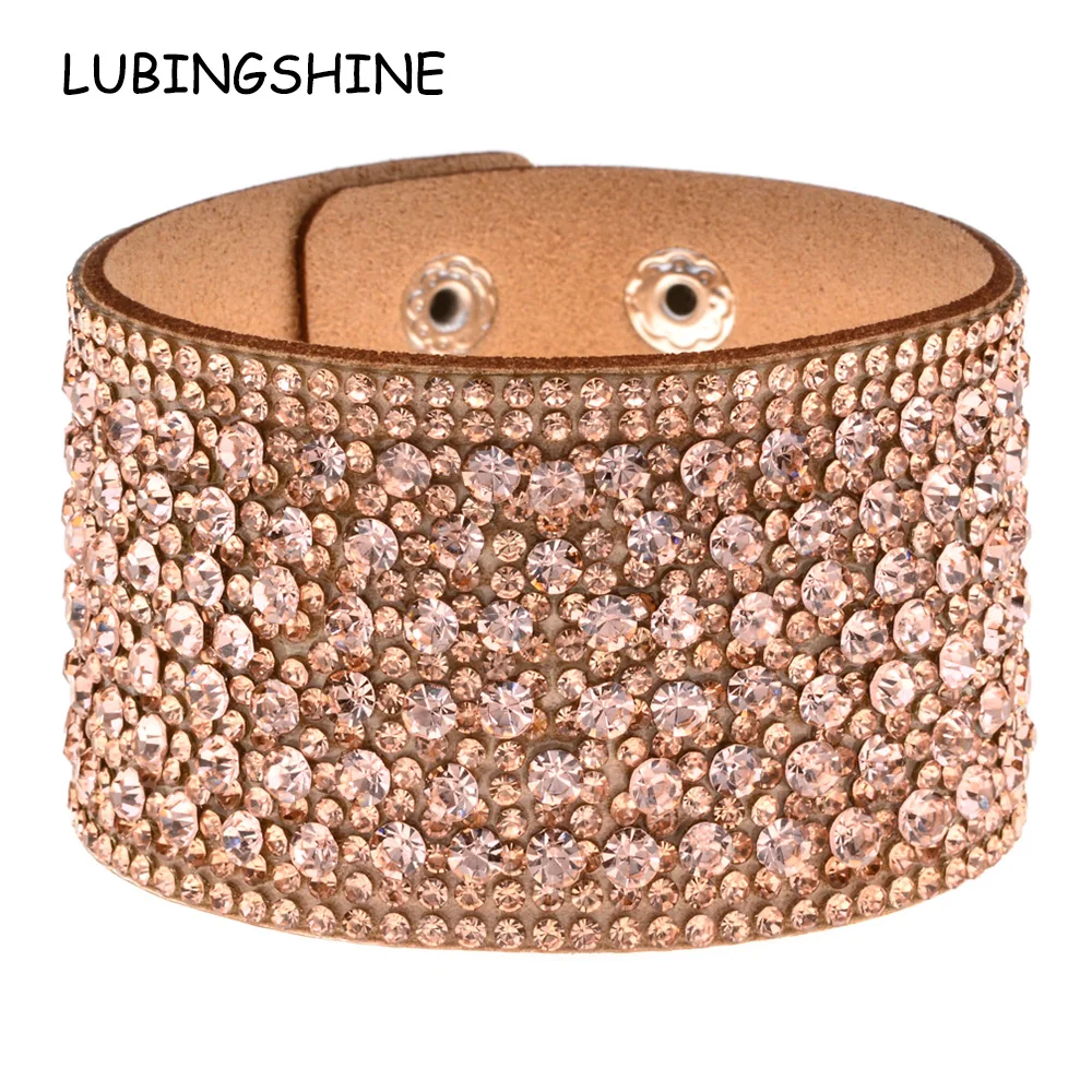 

LUBINGSHINE Leather Rhinestones Wide Bracelets&Bangles Women Girls Handmade Men Charms Bracelet Wristband Party Jewelry Gift