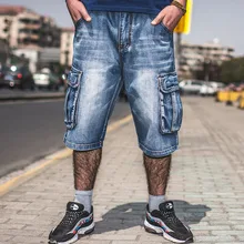 ANBOLUO Big men’s Summer Shorts Weaving loose skateboard jeans Fat cowboy shorts pants Multi-pocket denim overalls 46 44 42