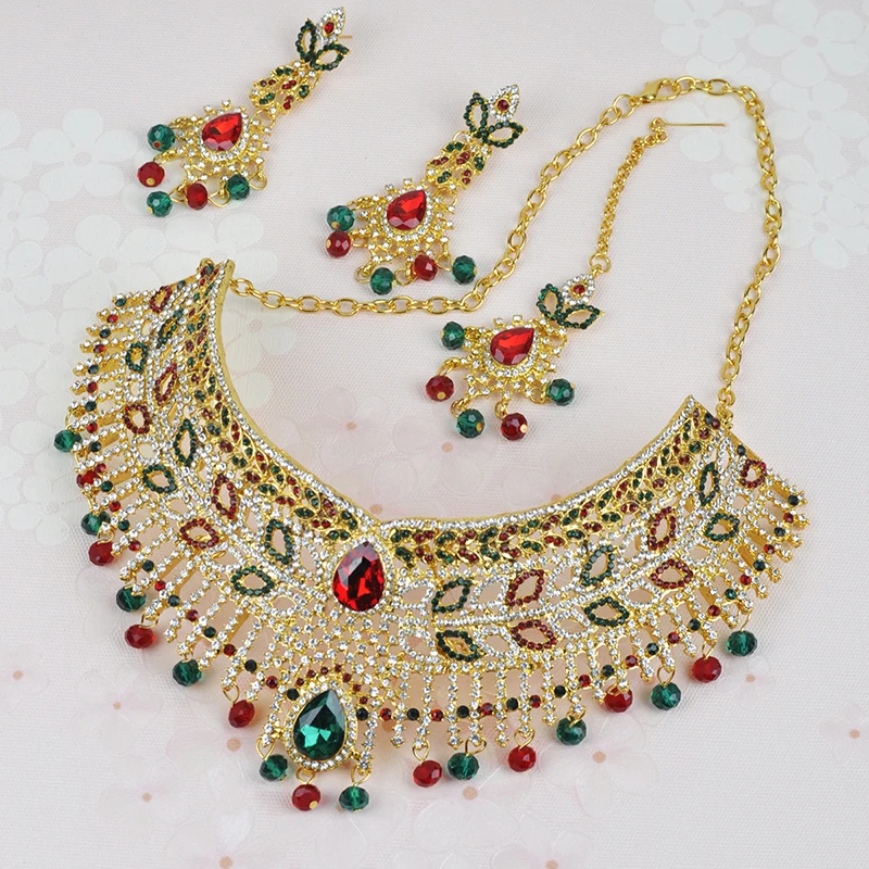 

Luxury Austria Crystal India Kundan Jewelry Sets for Women Gold Color Royal 3pcs Bridal Wedding Necklace Earrings Headdress Set