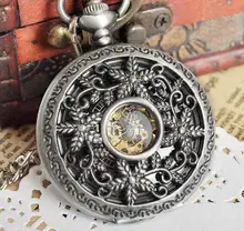 Silver Tone Men Skeleton Pocket Watch Antique Mechanical Pocket Watch Steampunk Watches PJX1037