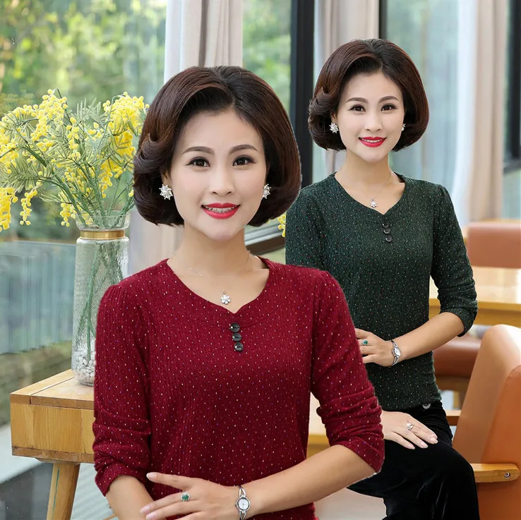 

long sleeve tee shirts for woman autumn new middle age women bottoming shirt casual loose plus size mother's top tshirt pullover