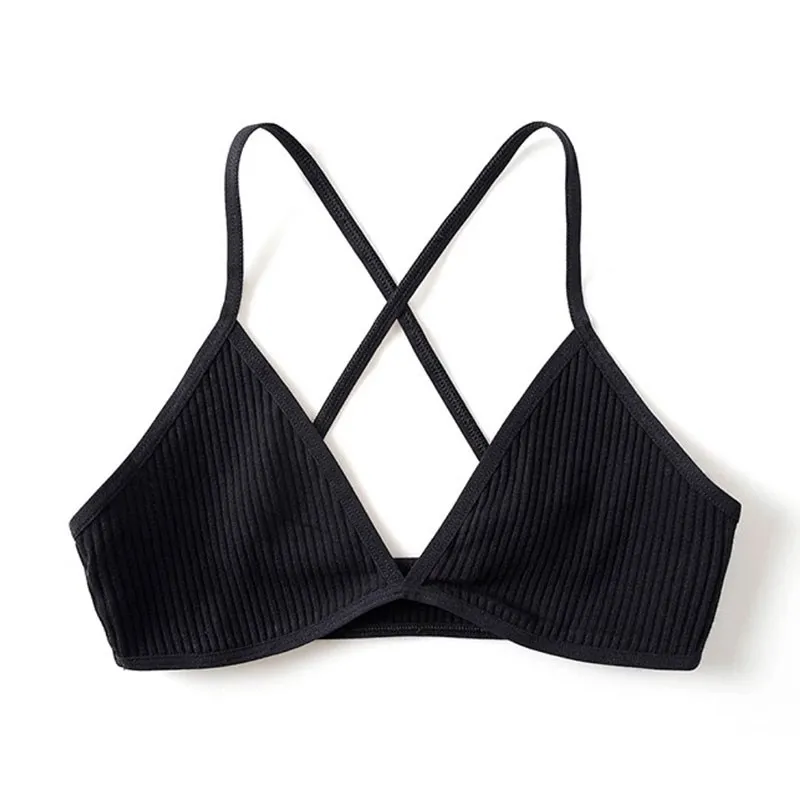 Unpadded Thin Bralette Bra Bras For Women Ribbed Bra Wireless Triangle Crisscross Back V Neck Bra Comfort Stretch Young Ladys - Color: Black