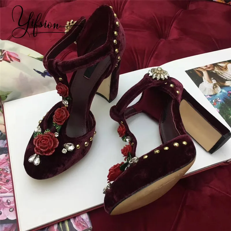 

OLOME New Dark Red Genuine Leather Floral Women Summer Sandals Round Toe Buckle Strap Thick High Heel Sandals Shoes Woman