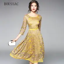 BOUSSAC весенне-осеннее кружевное платье для работы повседневное тонкое модное с круглым вырезом сексуальное открытое Платье женское ТРАПЕЦИЕВИДНОЕ винтажное платье