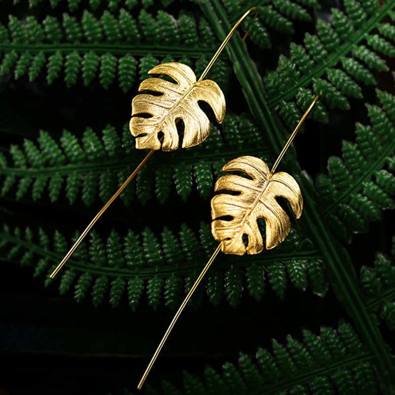 Lotus Fun Real 925 Sterling Silver Handmade Fine Jewelry Creative Monstera Leaves Design Dangle Earrings for Women Bijoux