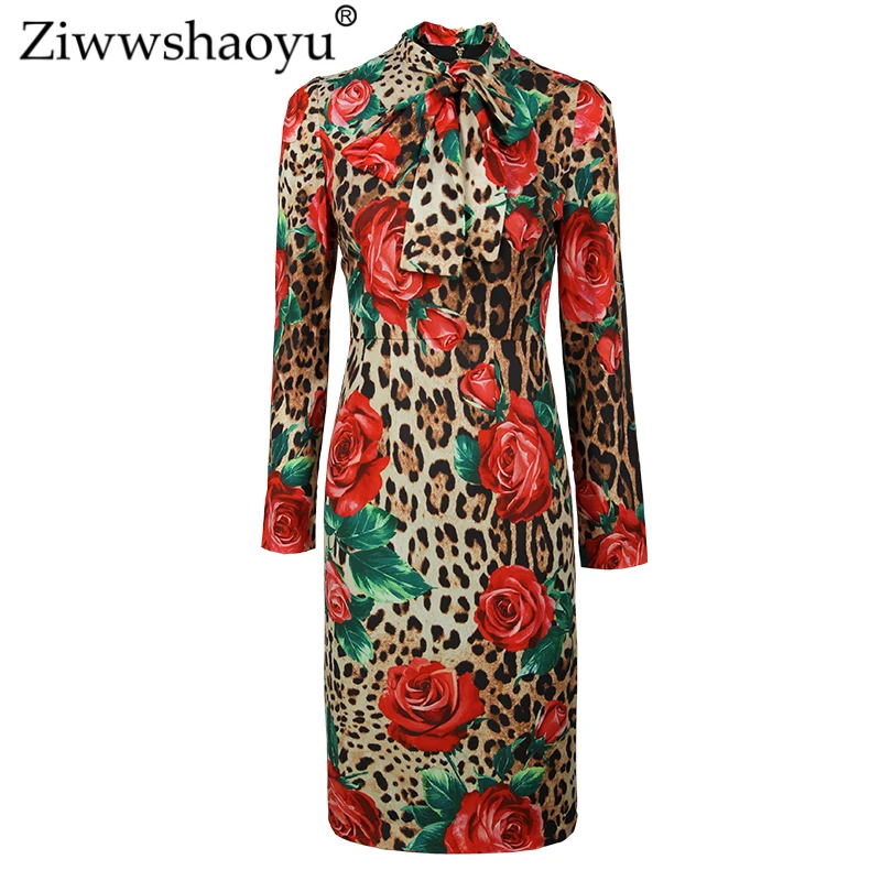 

Ziwwshaoyu Elegant Leopard print Pencil dress Vintage Bow Slim Party Dresses 2019 spring and summer new women