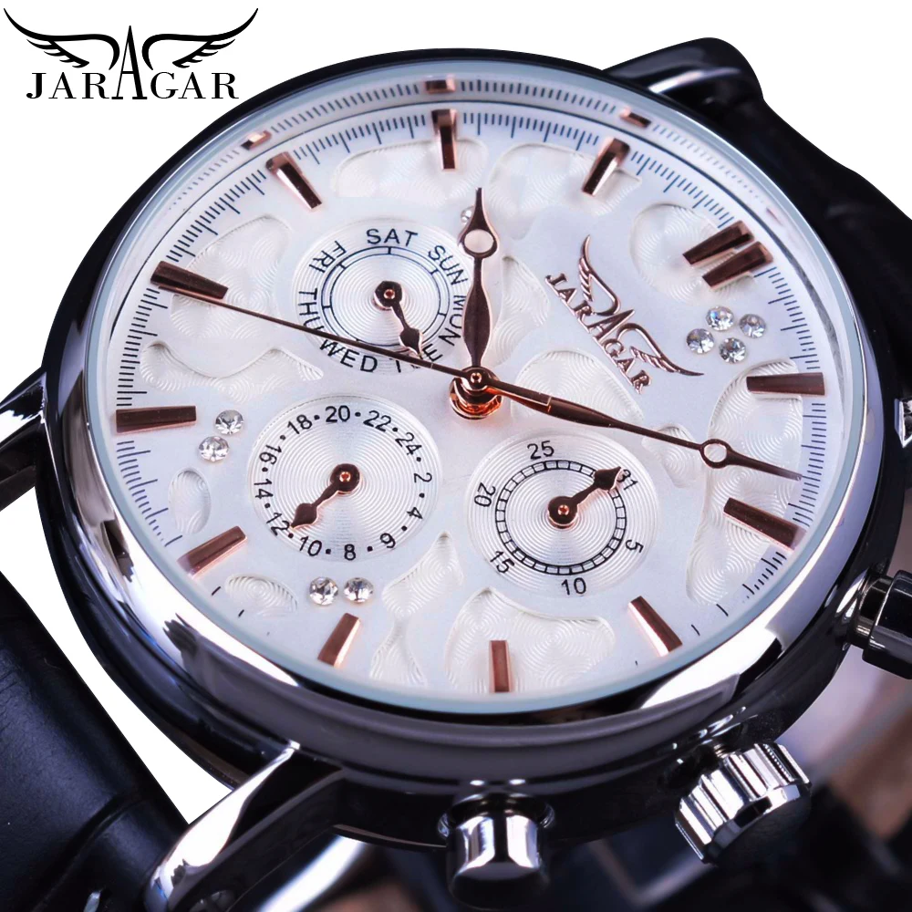 Jaragar Men Mechanical Watch Automatic White 6 Hands Auto Date Display Genuine Leather Strap Self-Wind Mechanical Casual Relogio