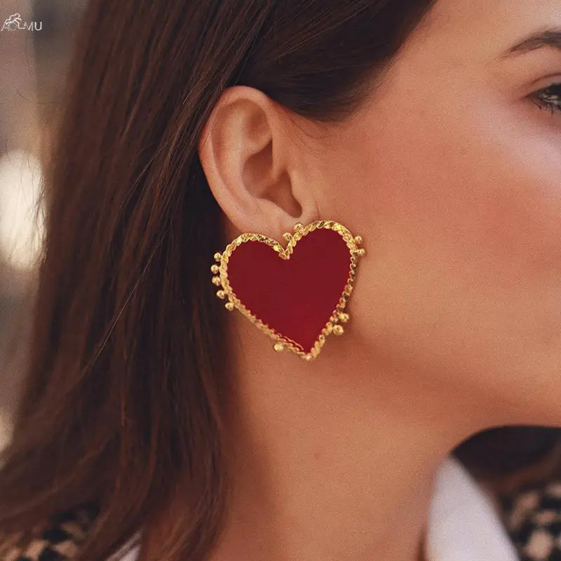 

Korea Exaggeration Metal Gold Color Enamel Heart Earrings Alloy Red Heart Stud Earrings for Women Wedding Party Jewelry Set