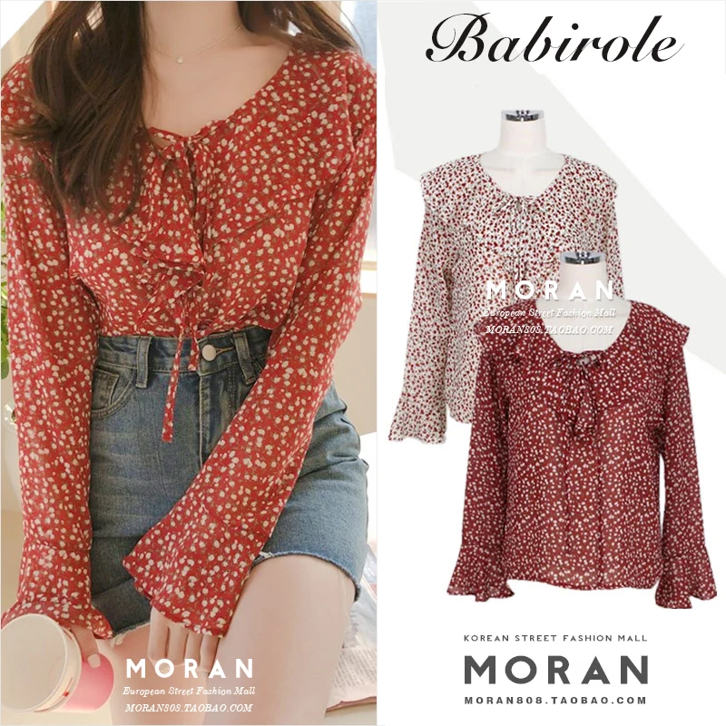 

Beautiful Girl Print Chiffon Shirt Flare Sleeve Blouse Women Top with Tie Kawaii Chemise Femme Chemisier Blusa Mujer Camisa