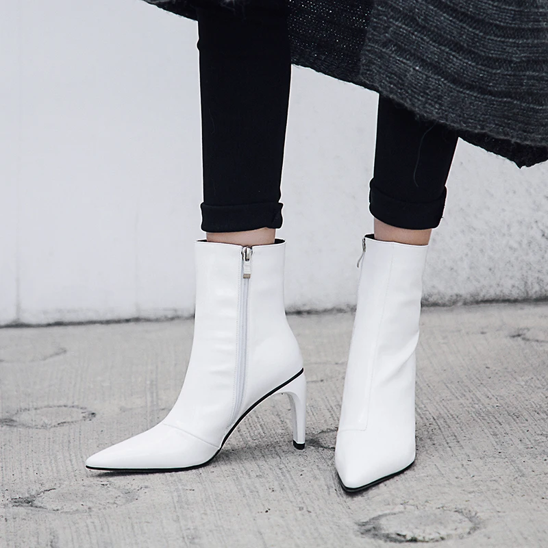 Défilé 43 Marque Dropship Bout Femmes Femme Bottes Nouveau Taille blanc Chaussures En Noir Cuir Cheville VerniPlus Karinluna Pointu xBedCo