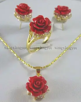 

12MM Red Coral Hand Carved Flower Earrings Ring Necklace Pendant Jewelry Set AAA jade