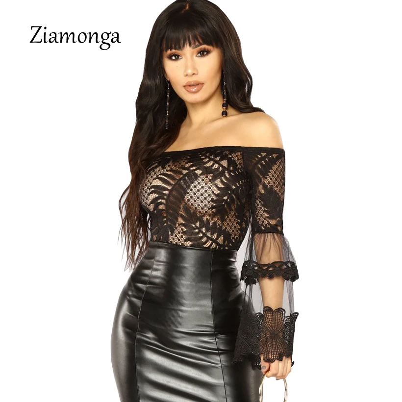 

Ziamonga 2018 Women Summer Jumpsuit Sexy Off Shoulder Flare Sleeve Women Bodysuit Lace Patchwork Bodycon Rompers Womens Jumpsuit