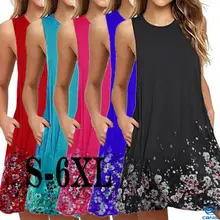 Plus Size Lady Boho Sleeveless Party Tops Women Loose Summer Beach Flower Dress plus size flower sleeveless dress