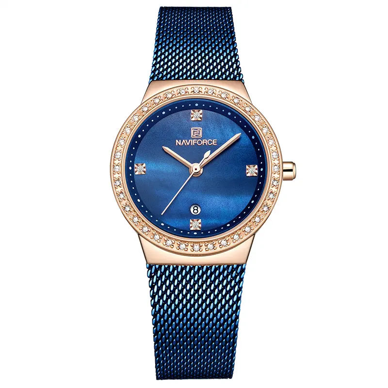 Rose Gold Blue NAVIFORCE часы для женщин из нержавеющей стали Кварцевые часы леди лучший бренд Роскошные модные часы простые наручные часы Relogio Feminino - Цвет: Rose Gold Blue
