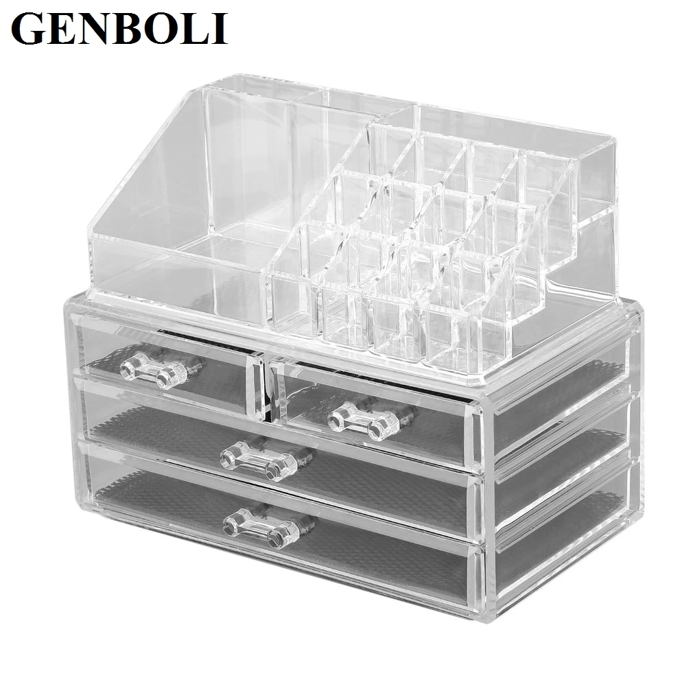 

GENBOLI 4 Drawer Rings Carrying Storage Jewelry Box Clear Acrylic Cosmetic Makeup Organizer Tool Holder Dresser Stand Case