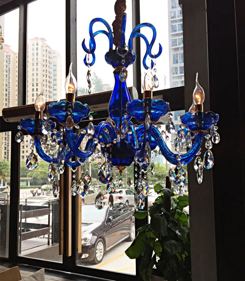 

6/8 pcs Art deco Cafe Bar blue crystal Chandelier for dining room foyer Home Led Lustre glass Chandeliers clear crystal lighting