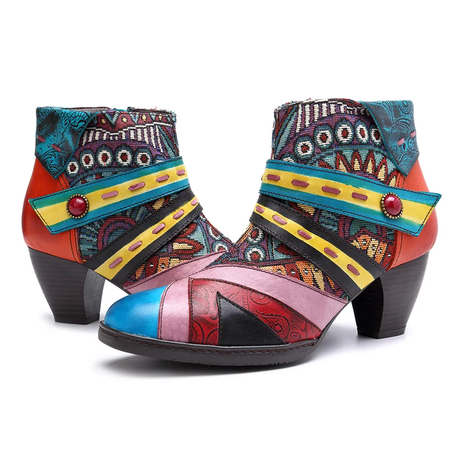 Plus Size Ethnic Women Ankle Boots Handmade Genuine Leather Female Short Boots Side Zipper Color Block Middle Heels Ladies Shoes (15)