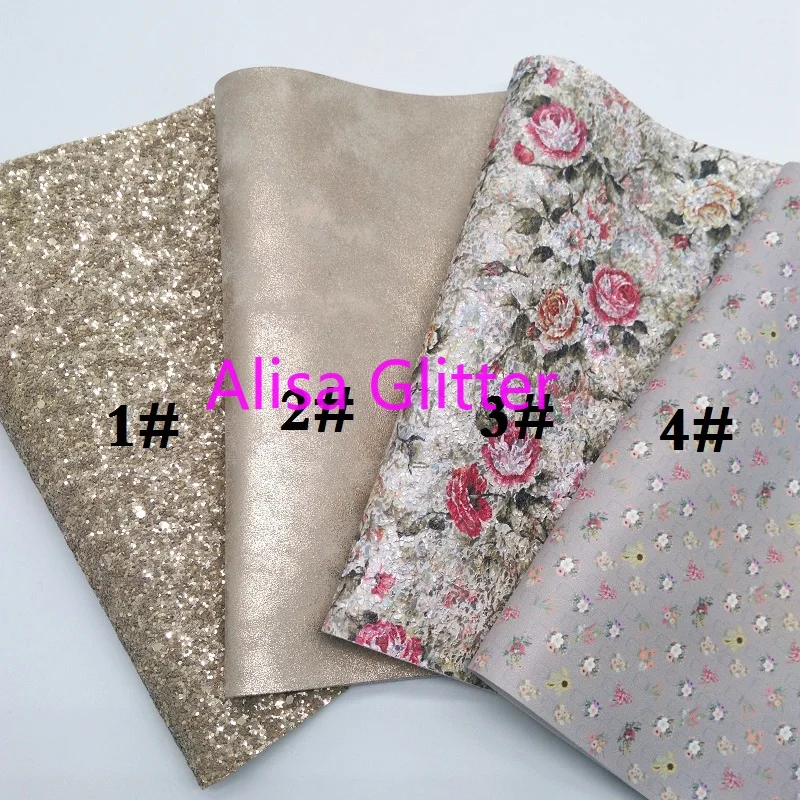 1PCS A4 SIZE 21X29cm Alisa Glitter Flowers Printed Faux Leather Fabric, Synthetic Leather Gold Glitter Fabric for Bow DIY G16G