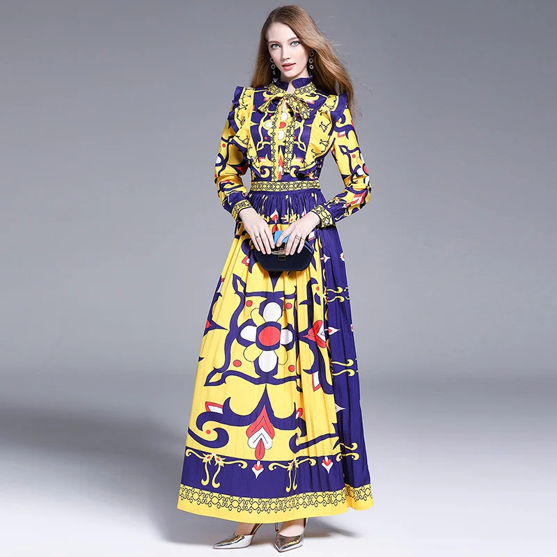 

Floor-length Plus Size Runway Autumn Dress Shirt Women 2019 Baroque Bow Tie Ruffles Collar Pleated Long Sleeve Floral Maxi Dress