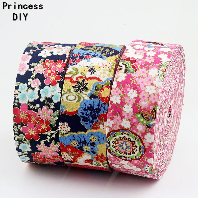 

5Meter/Lot Hair Accessories Material Japanese Ribbon Gold Rimmed Floral Print Cotton Fabric Layering Style Hand Craft Material