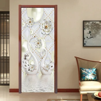 

2pcs 3D Door Sticker Swan Flower Home Decoration PVC Mural Waterproof Poster Self Adhesive Wallpaper Bedroom Decor Art Stickers
