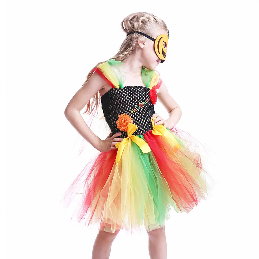 Halloween TUTU Dress with Pumpkin Mask Rainbow kids Birthday Dress Girls TUTU Princess Photo Prop (10) - 