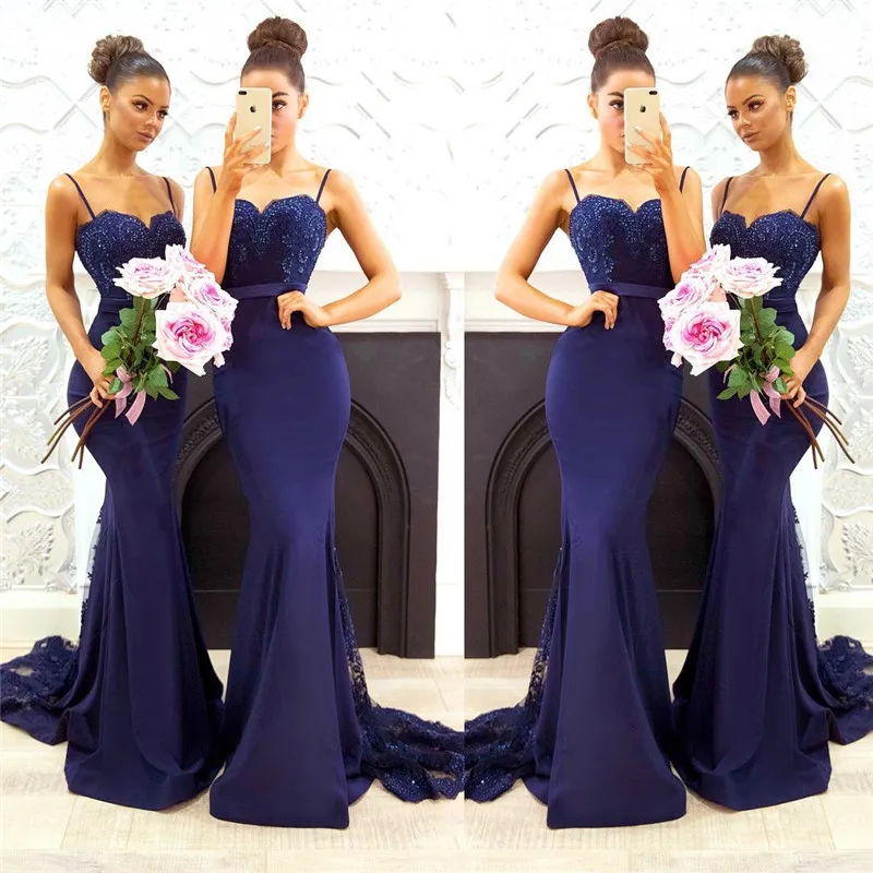 

Royal Blue Mermaid Bridesmaid Dresses 2019 Sexy Spaghetti Strap Lace Appliques Long Party Dress Formal For Women vestido longo