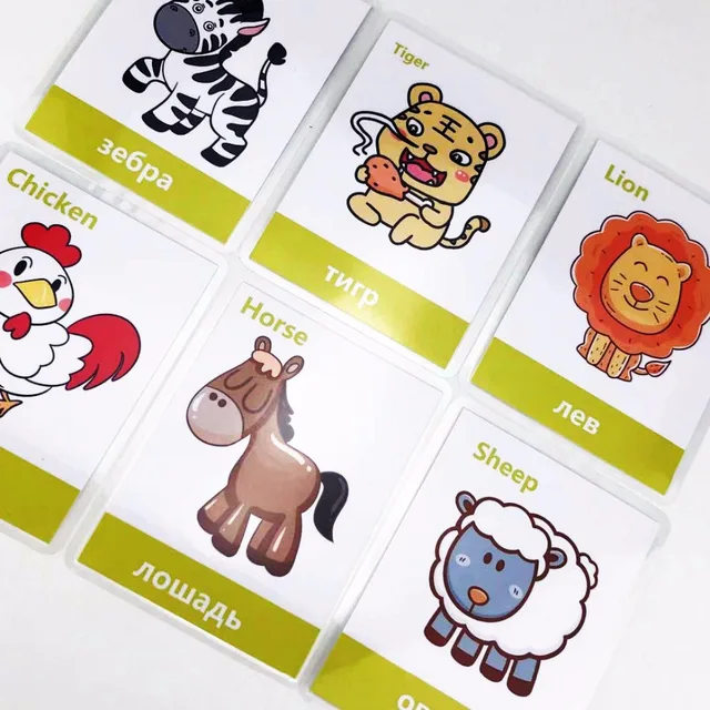 17Pcs Russian Animals Giraffe English Learning Word Card English Learning Card Early Education Children's Games Word Pocket Card 6