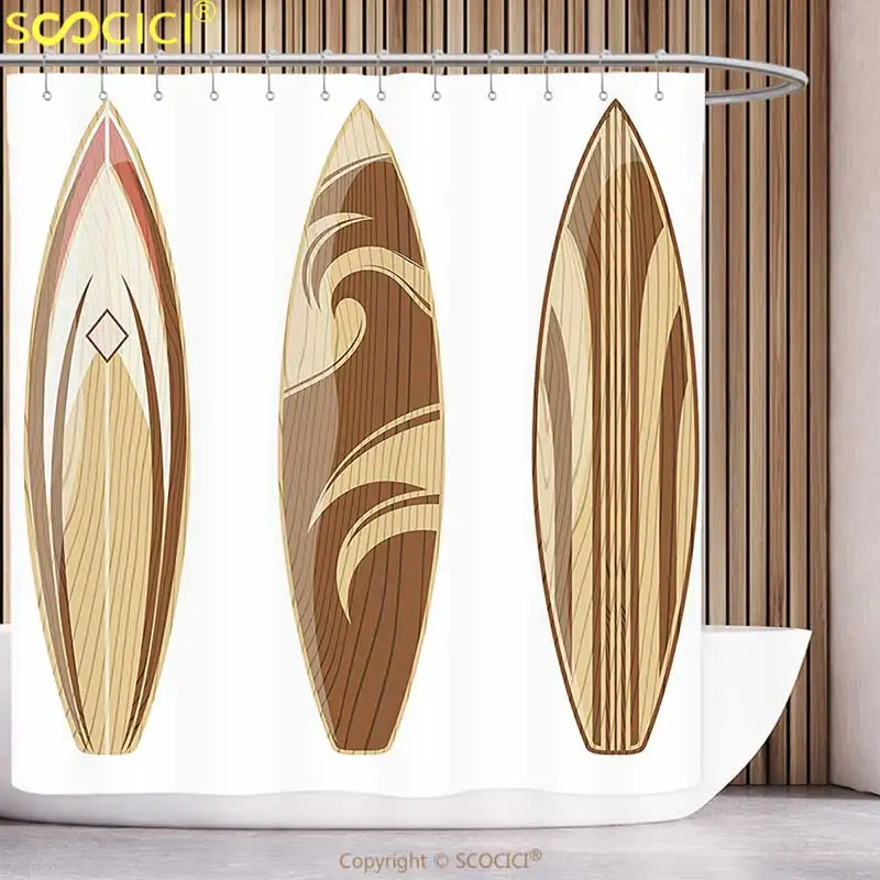 

Stylish Shower Curtain Surfboard Decor Collection Wooden Surfboards Adventurous Wood Color Natural Classic Design Peru Cream