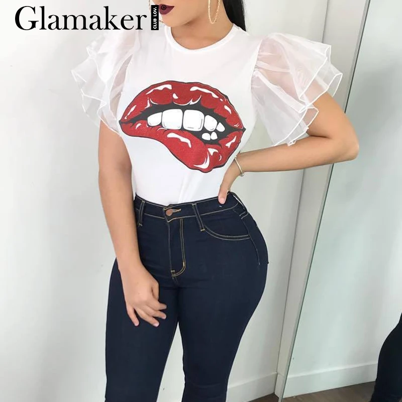 

Glamaker Lip print cartoon sexy t shirt Women white mesh ruffle flare short sleeve casual t-shirt Female summer bodycon top tees