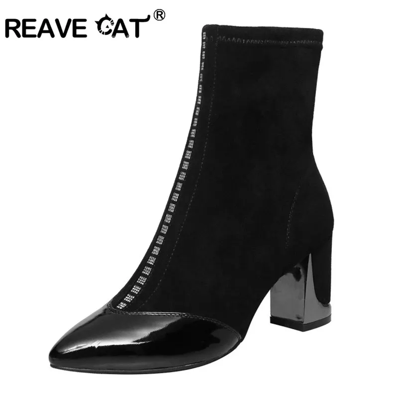 

REAVE CAT 2020 New Woman Genuine leather block high heel ankle boots suade lady sock boots black sexy bottes femme big size 43
