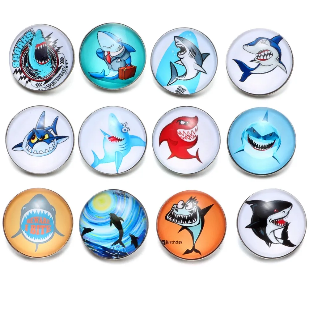 12pcs/Lot Mr.Shark Pattern Glass Charm 18mm Snap Button Jewelry For Snaps Bracelet KZ0518 | Украшения и аксессуары