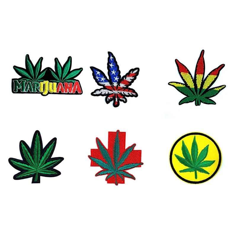 

Embroidered Iron On Patch American Flag Leaf Hemp Weed Leaf Boho Retro Weed Applique Patches Badge